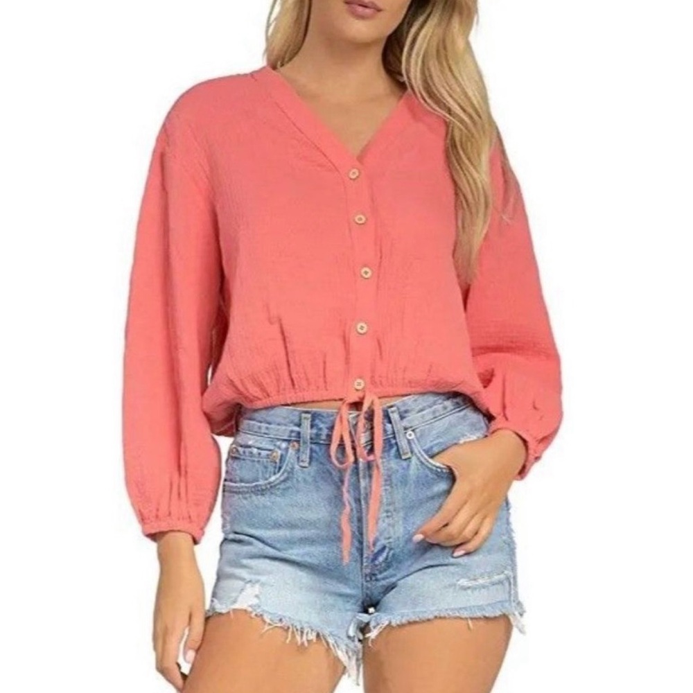 ELAN Long Sleeve Crop Drawstring Cora Button Down Top(S) - Picture 5 of 6